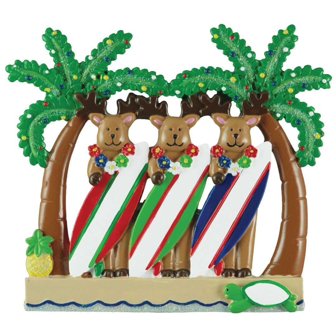 Reindeer Surfboard Family of 3 Ornament