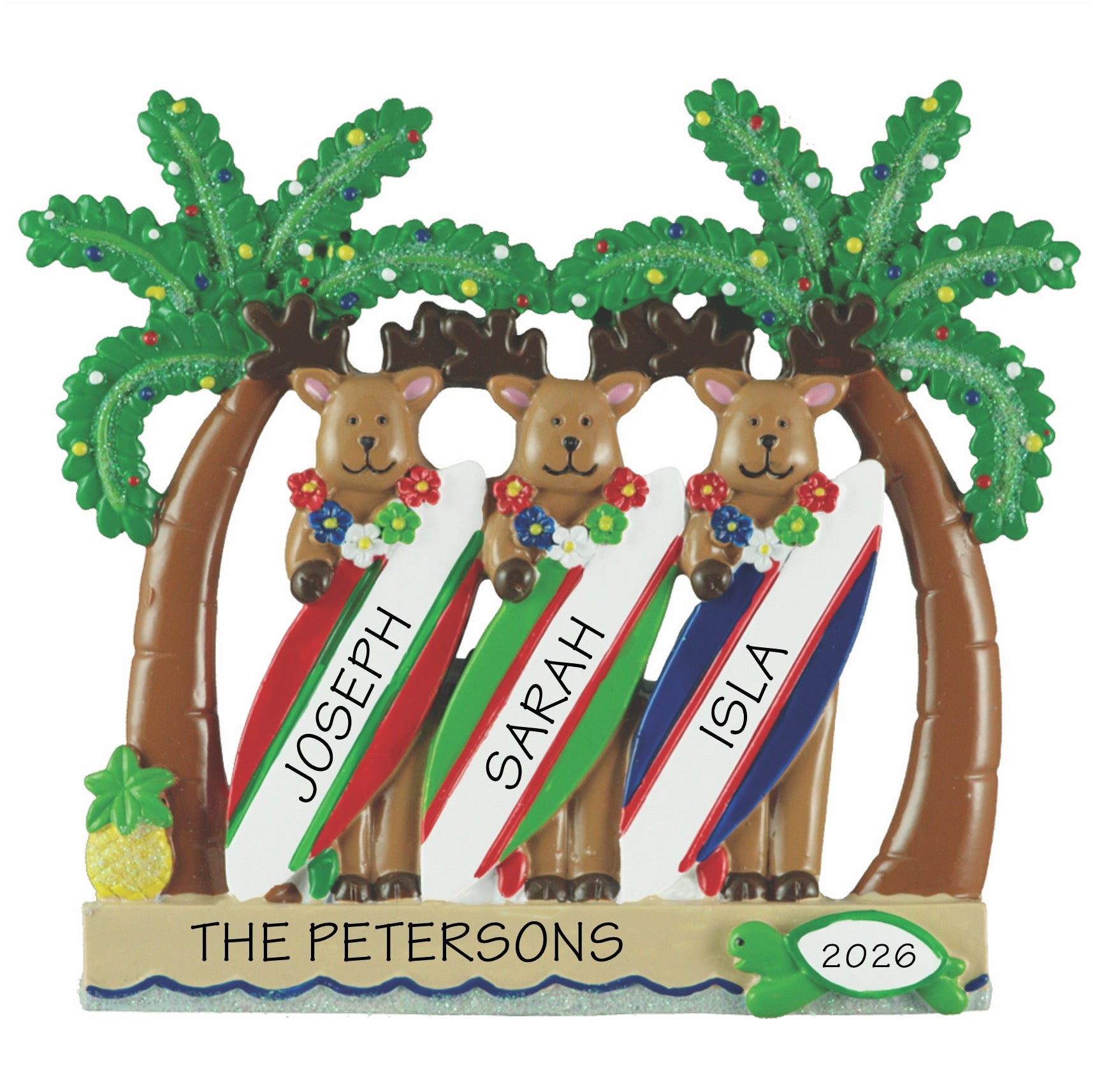 Reindeer Surfboard Family of 3 Ornament