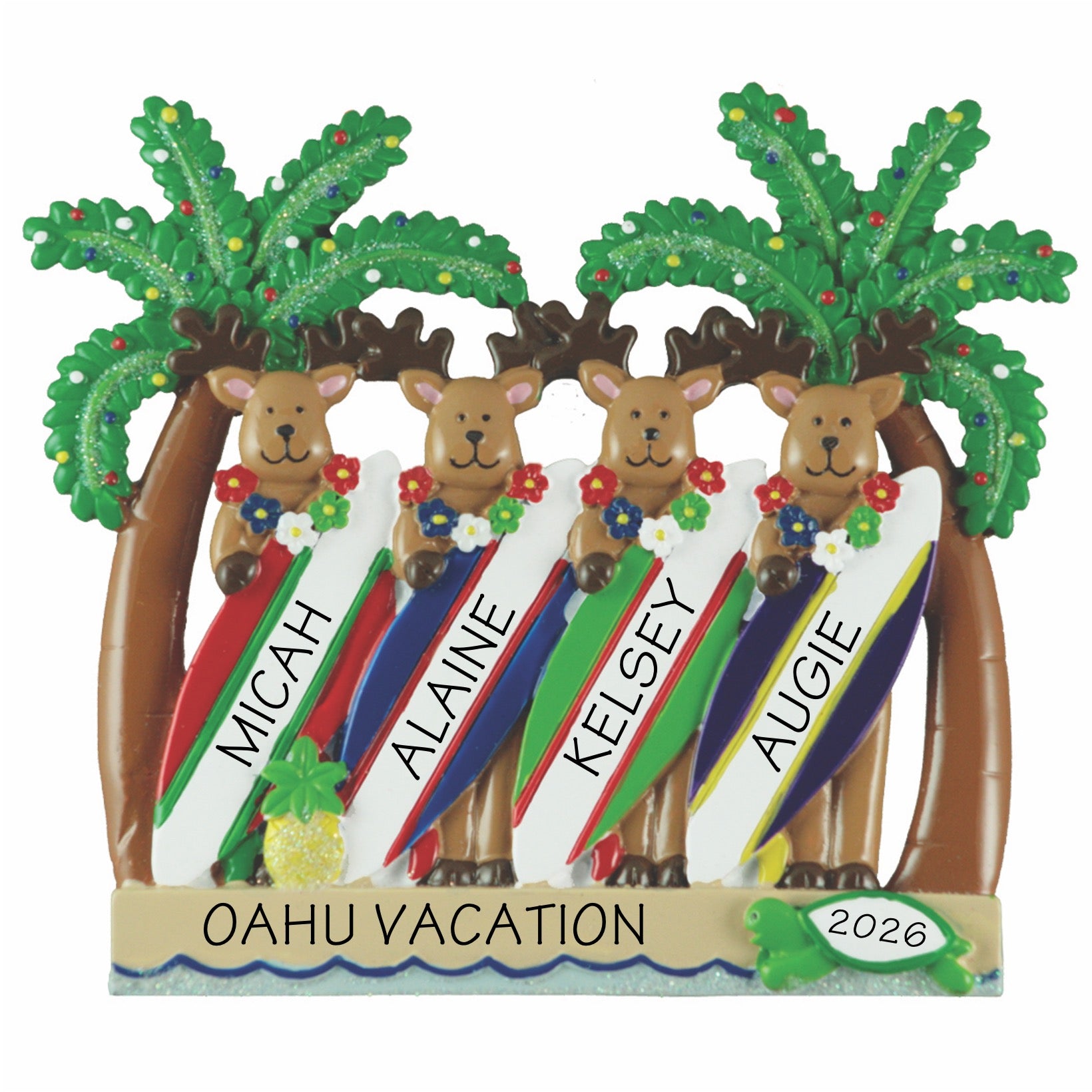 Reindeer Surfboard Family of 4 Ornament