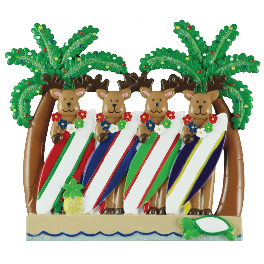 Reindeer Surfboard Family of 4 Ornament