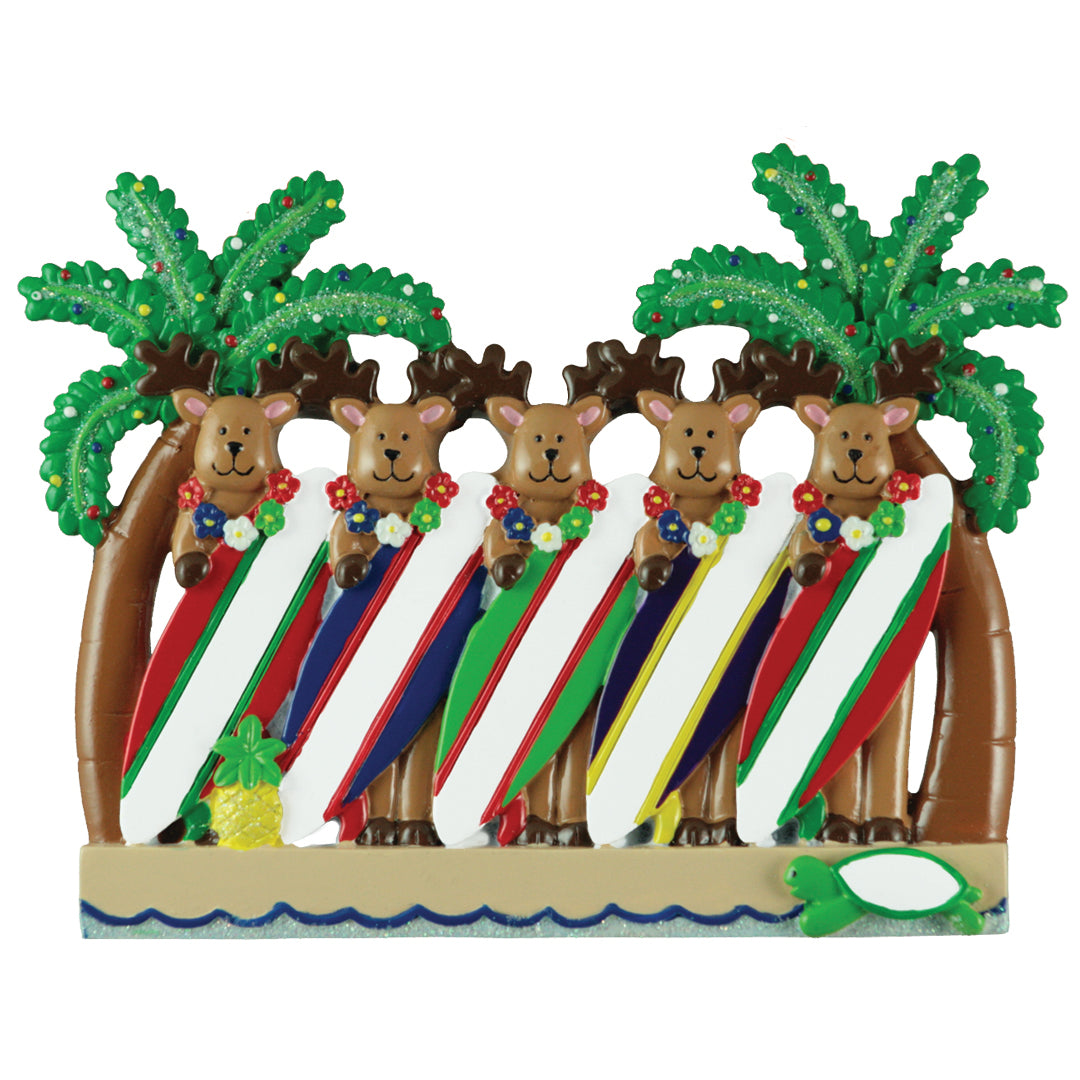Reindeer Surfboard Family of 5 Ornament