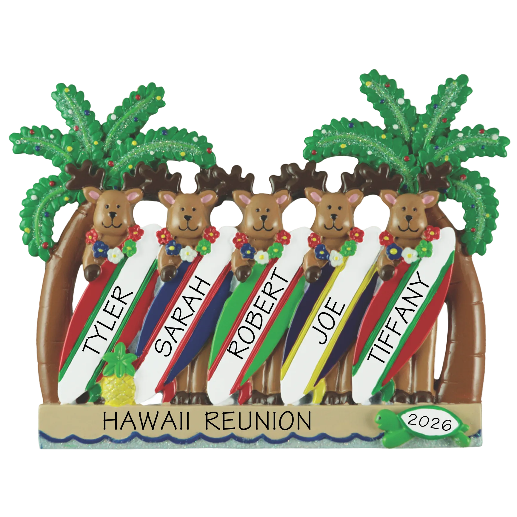 Reindeer Surfboard Family of 5 Ornament