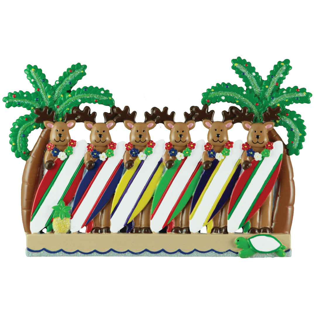 Reindeer Surfboard Family of 6 Ornament