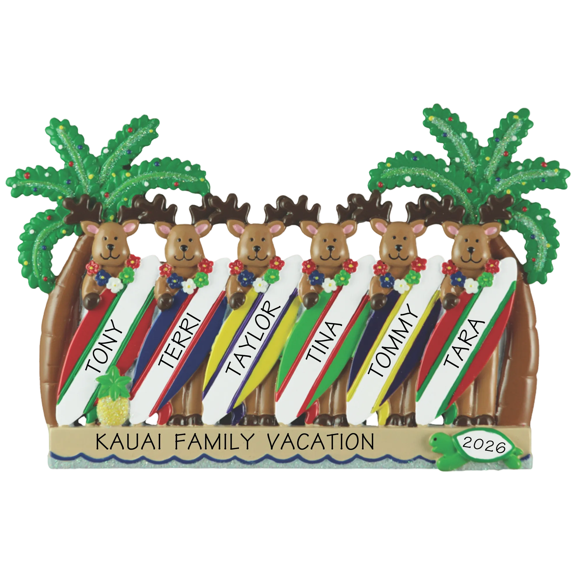 Reindeer Surfboard Family of 6 Ornament