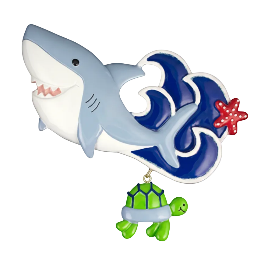 Shark ornament with turtle and starfish on a white background