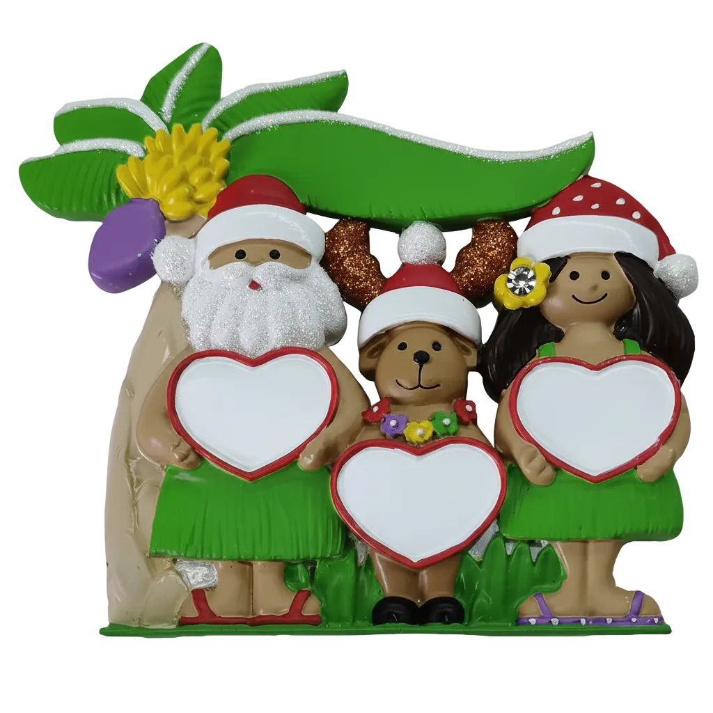 A decorative tropical-themed figurine featuring three cartoon characters under a palm tree: a Santa Claus figure with a white beard and green skirt holding a blank heart, a brown bear with glitter ears and a red hat holding a blank heart, and a woman with dark hair, a red hat, and a green skirt holding a blank heart. The figures are posed on a green base against a plain white background.