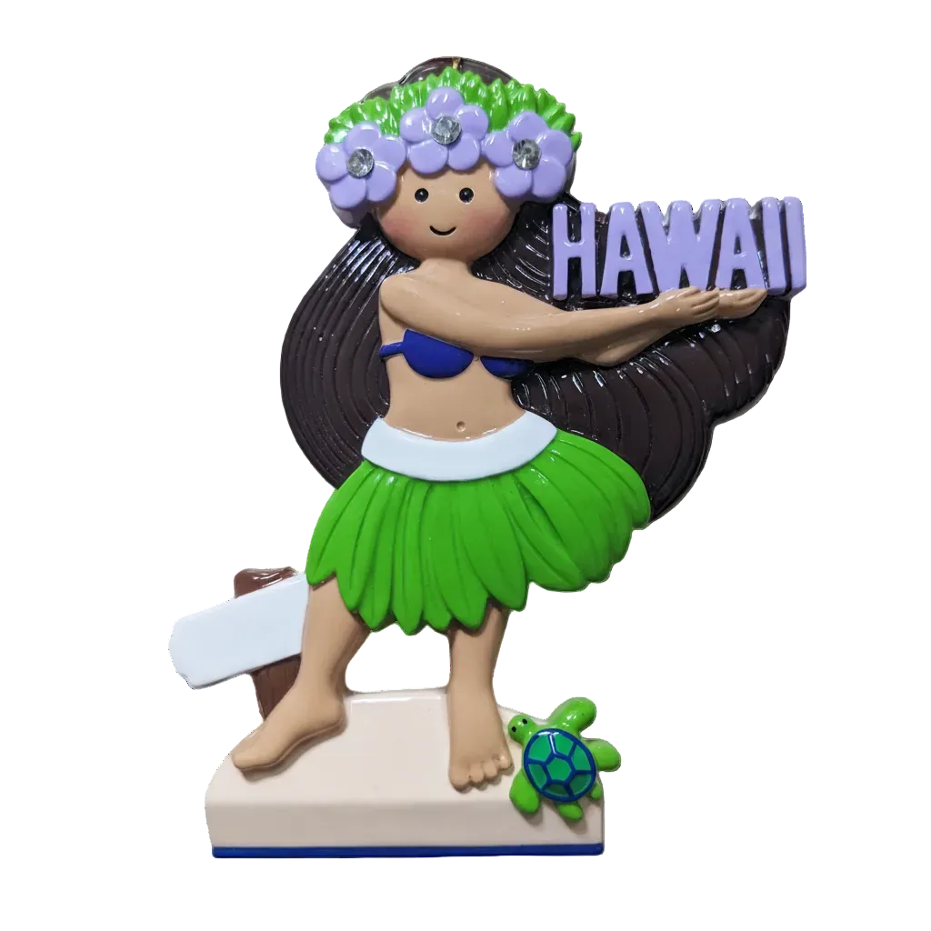 Hula dancer figurine with 'Hawaii' sign on a white background