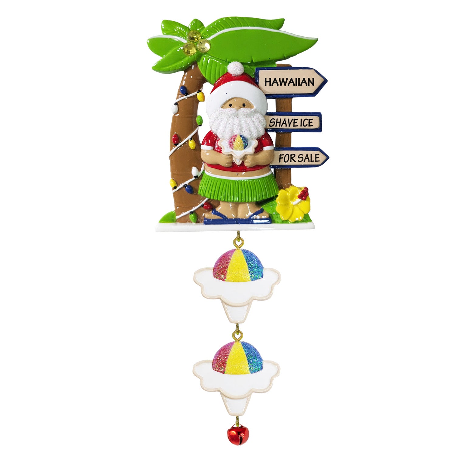 Decorative ornament with a tropical Santa Claus figure, palm tree, and shave ice cones on a white background.