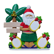 A colorful Santa Claus Hawaiian-themed table top Christmas ornament. Santa is wearing a red Santa hat and a green grass skirt, holding three pineapples for hand-personalizing.