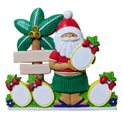 A colorful Santa Claus-themed Hawaiian souvenir ornament or decorative figurine. The figure wears a red Santa hat and a green hula skirt, holding a blank pineapple for personalizing.