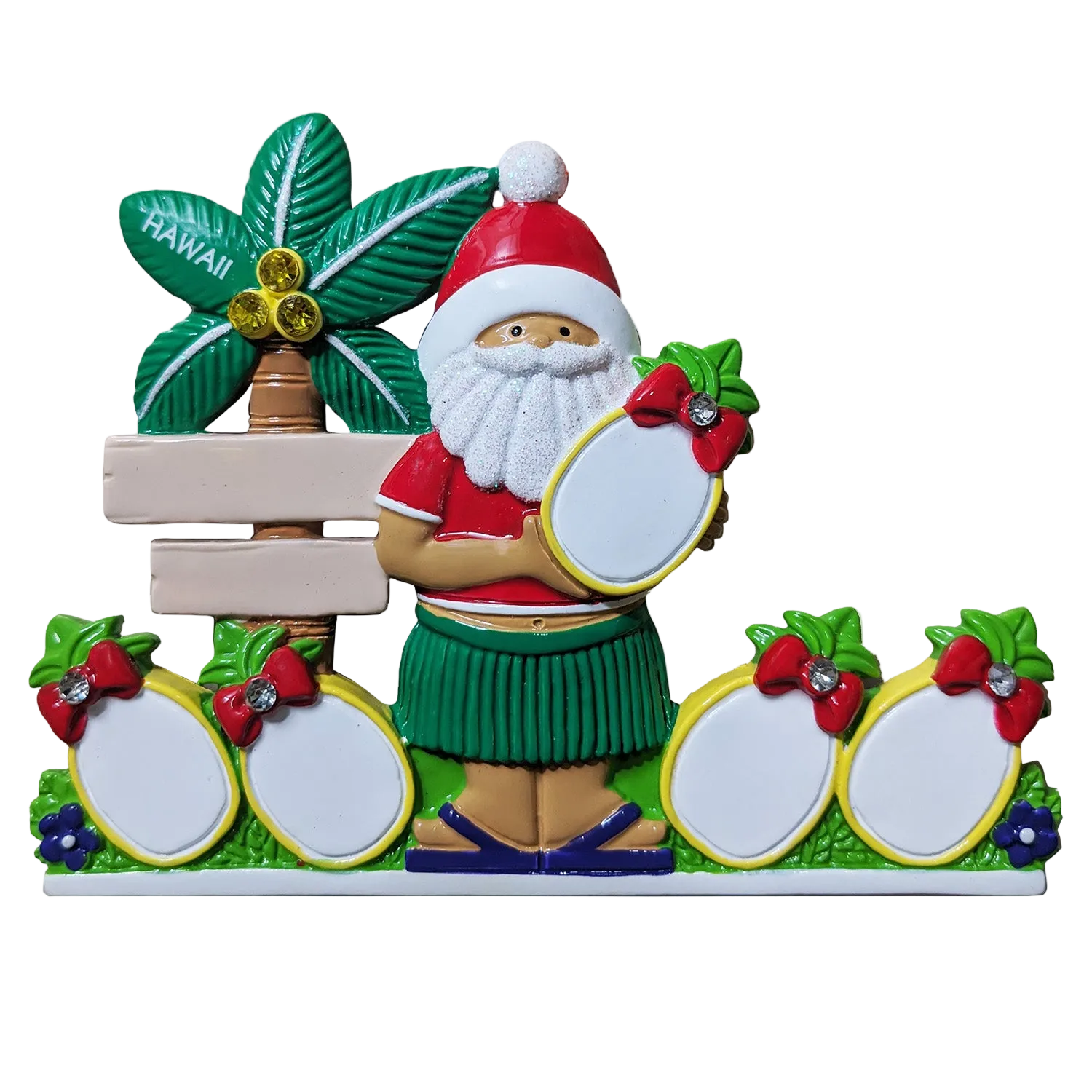 A colorful Christmas-themed decorative table top ornament featuring a Santa Claus figure in a Hawaiian hula outfit, holding a pineapple for personalizing. The design includes a green palm tree with 'HAWAII' on the leaves, two blank photo frames, and pineapple motifs on a white background.