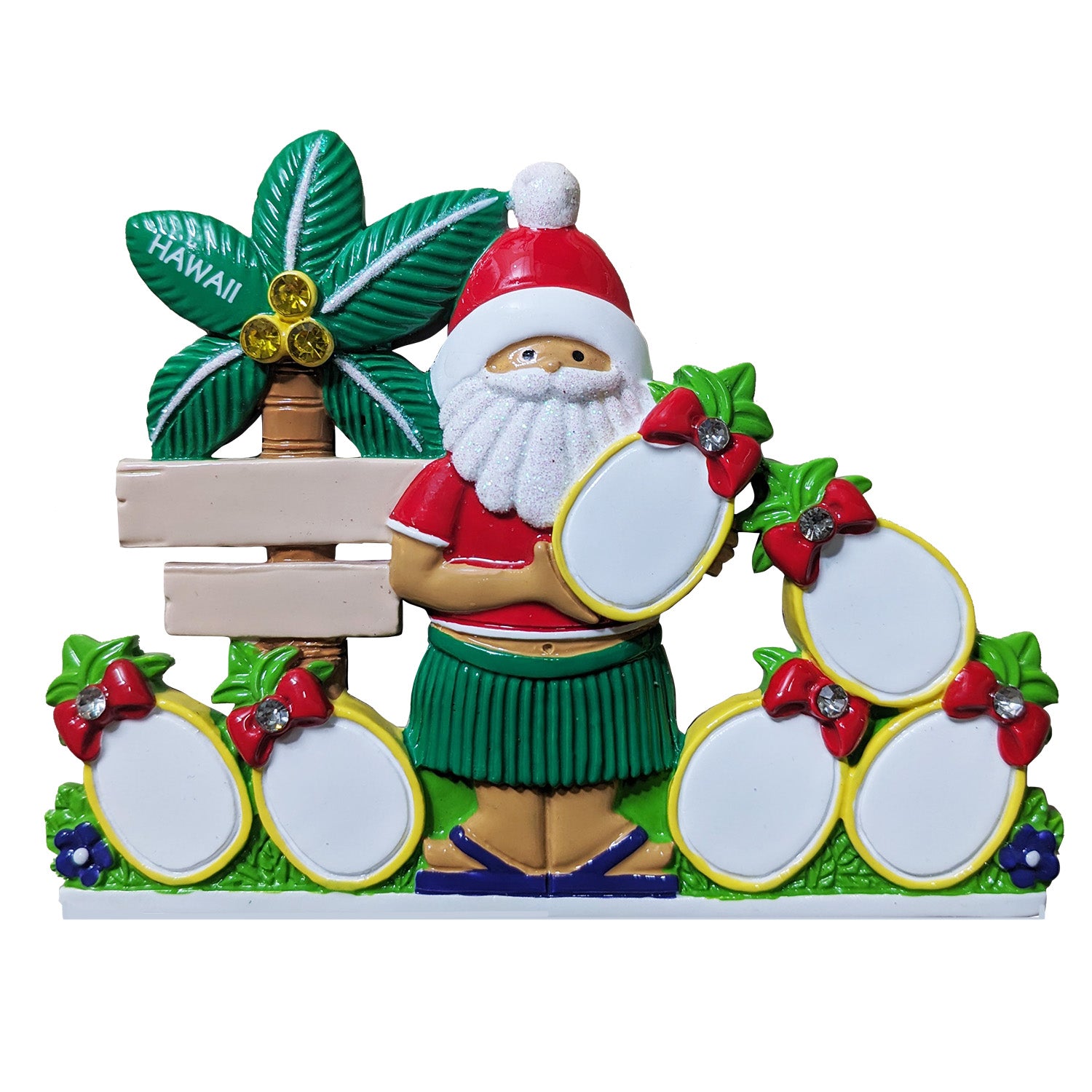 A colorful Santa Claus-themed Hawaiian hula dancer figurine or decorative sign, featuring a green grass skirt, red top, white beard, a palm tree sign reading Hawaii, and six pineapple ovals for personalizing decorated with red bows and green leaves.