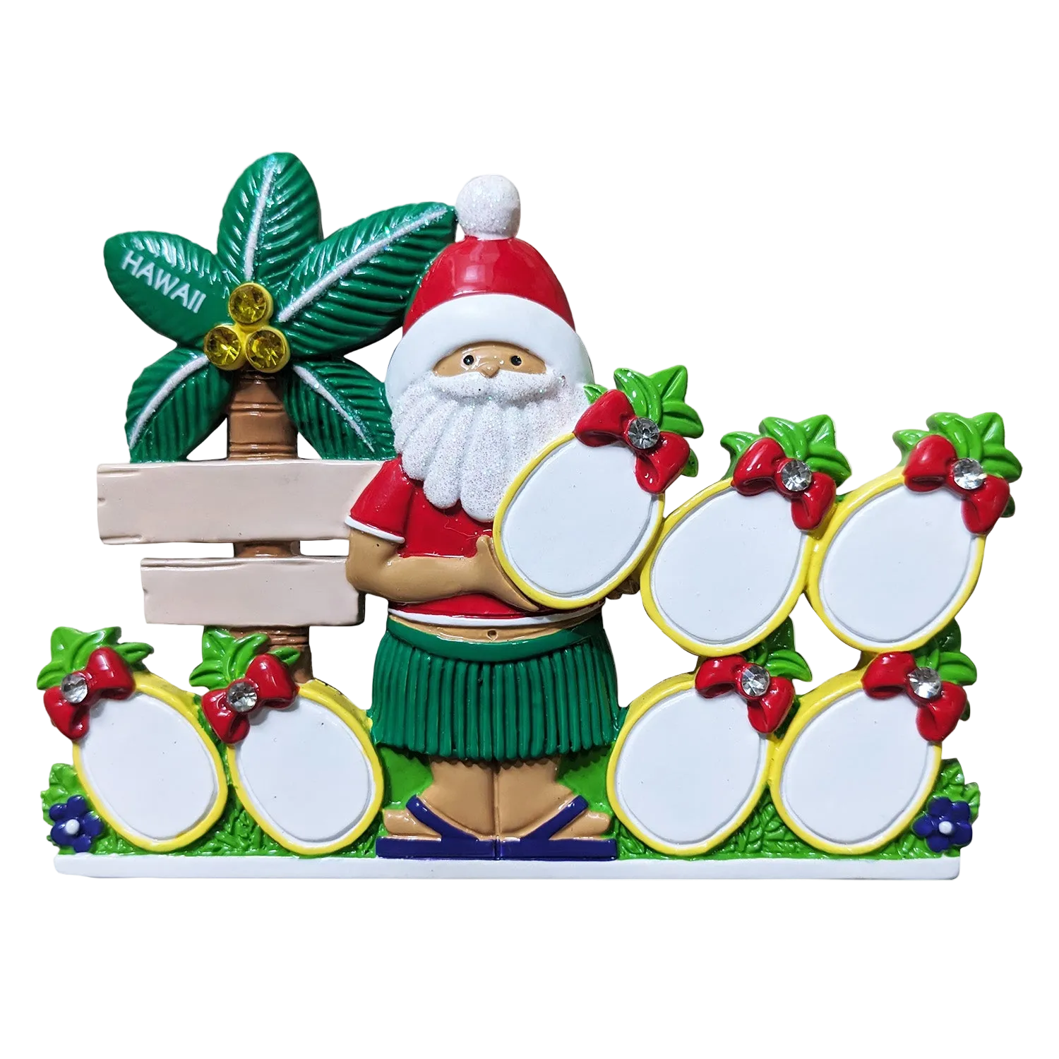 A colorful Santa Claus-themed decorative sign with a green Hawaiian-style skirt, red hat, white beard, 7 pineapples, palm tree, and multiple areas for personalzation decorated with red berries and green leaves on a white background.