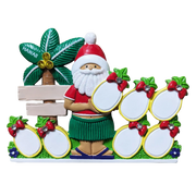 A colorful Santa Claus-themed decorative sign with a green Hawaiian-style skirt, red hat, white beard, 7 pineapples, palm tree, and multiple areas for personalzation decorated with red berries and green leaves on a white background.