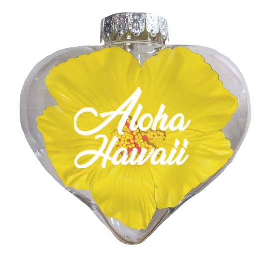 BB101HYA: Heart Ornament w/ Yellow Hibiscus Aloha