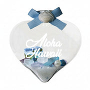 Heart-shaped container with 'Aloha Hawaii' text, blue ribbon, and beach-themed design on a white background.
