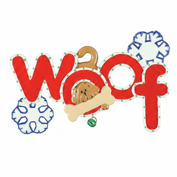 A festive Christmas ornament spelling out 'Woof' in large red letters with white dotted borders, decorated with a small brown dog figure, a bone, a bell, and blue-and-white snowflake accents on a dark green background.