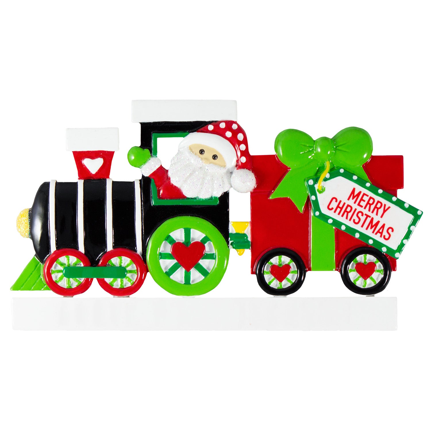 A festive Christmas train decoration featuring Santa Claus in the cab, a red and green cargo box with a large green bow, striped black and white front section, and a hanging 'MERRY CHRISTMAS' tag.