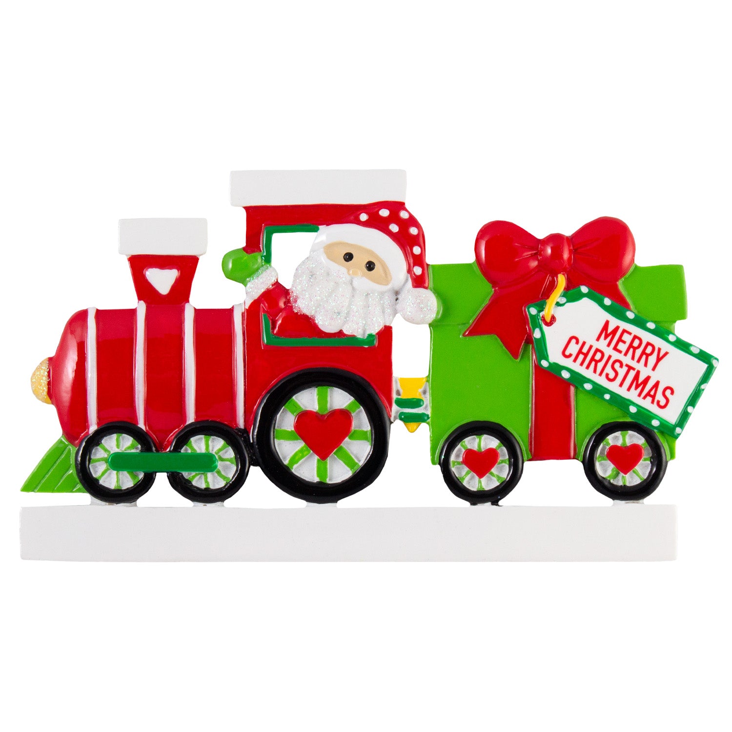 A festive Christmas train decoration featuring a red locomotive with green wheels, Santa Claus in the driver's seat, a green cargo car with a red bow, and a hanging 'MERRY CHRISTMAS' sign, shown on a white background.