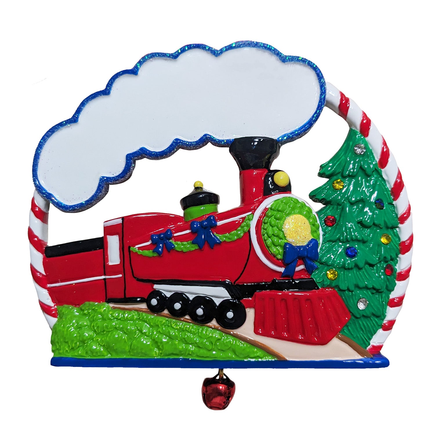 A festive Christmas-themed wall hanging or ornament featuring a red steam locomotive, green Christmas tree, candy cane arch, and a blank white cloud-shaped panel for personalization, with a small red bell hanging below on a white background.
