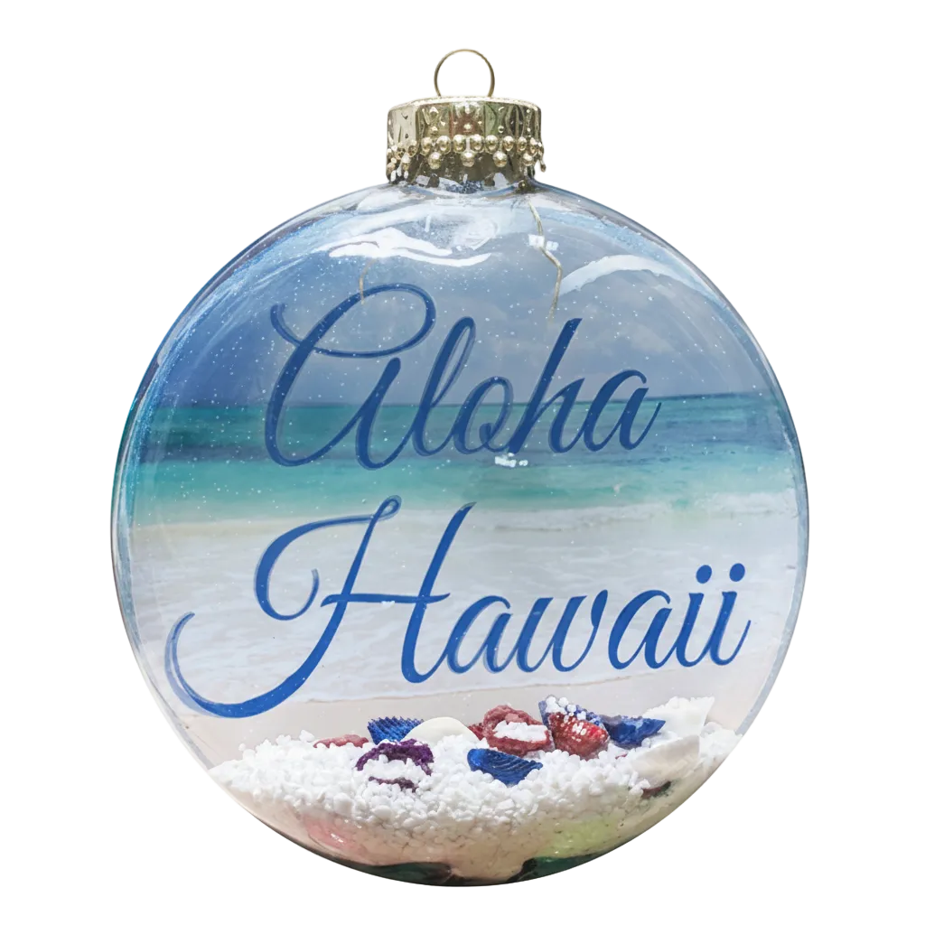 Decorative Hawaiian Christmas ornament with 'Aloha Hawaii' text and beach scene.