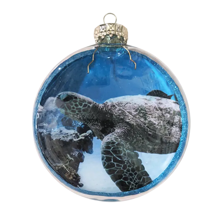 Round glass ornament with a turtle design on a white background