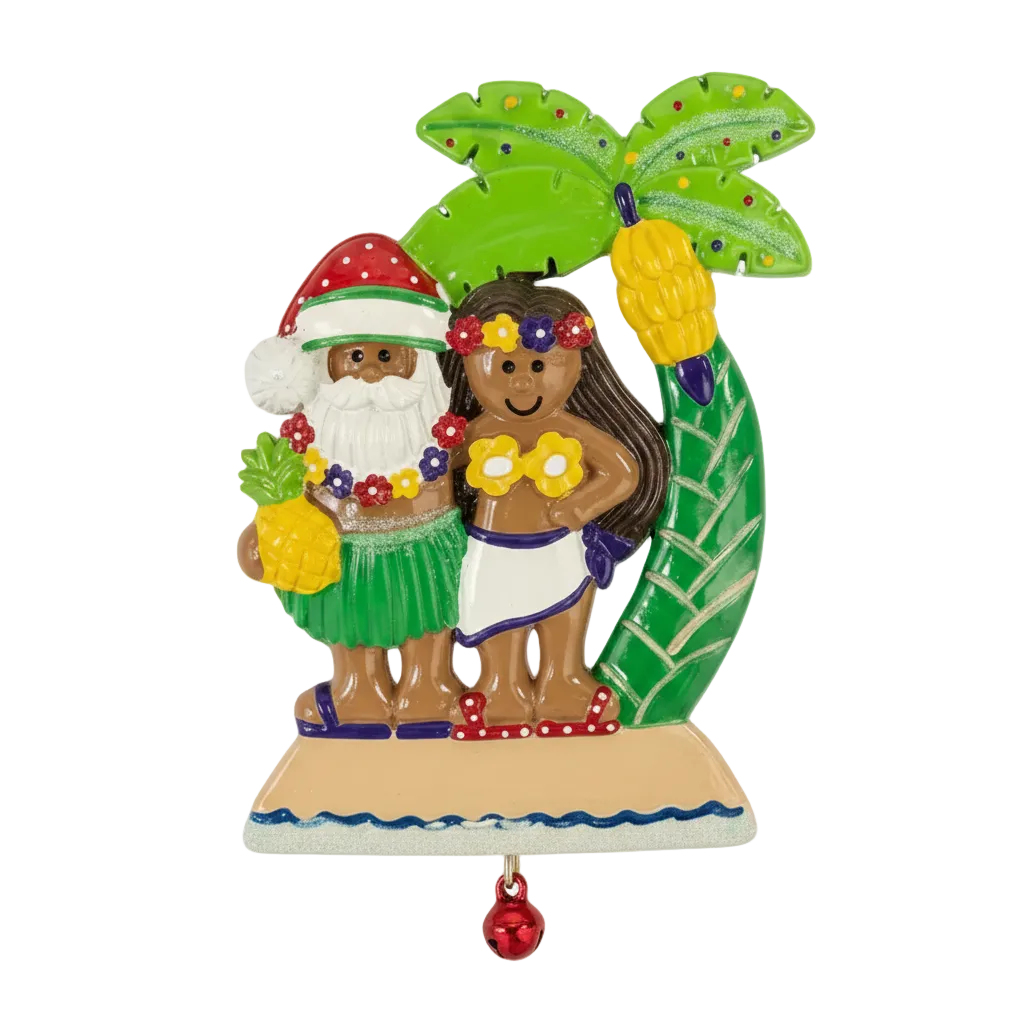A colorful resin Hawaiian Christmas ornament depicting a Santa Claus and a Hawaiian woman dancing under a palm tree on a beach, with a red hanging loop at the bottom.