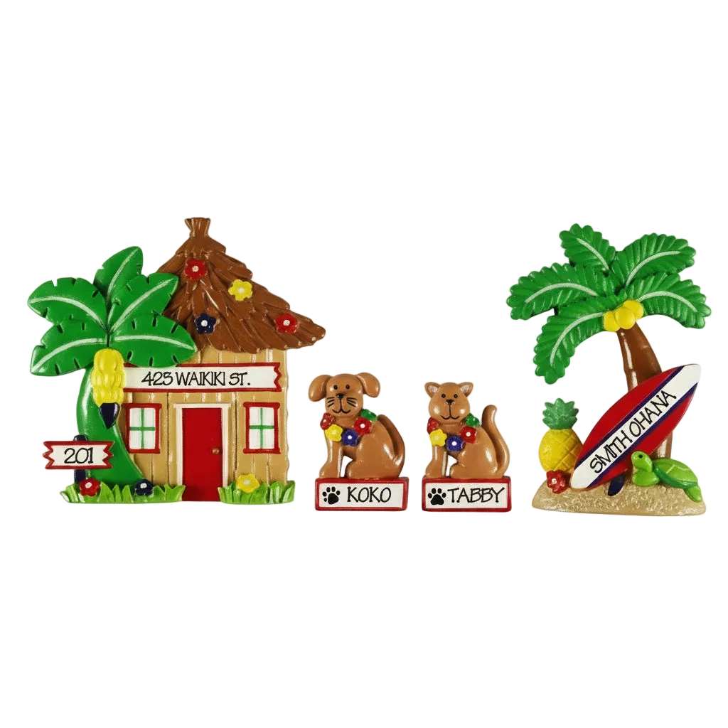 LR115: Hut, Palm Tree, Cat & Dog (4-Piece Pet Set)