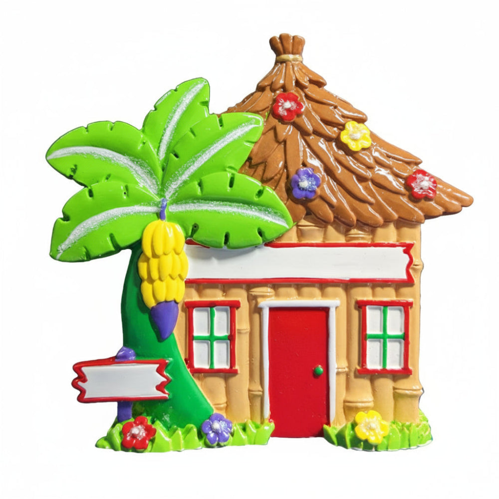 Colorful miniature Hawaiian house with a palm tree and flowers on a white background