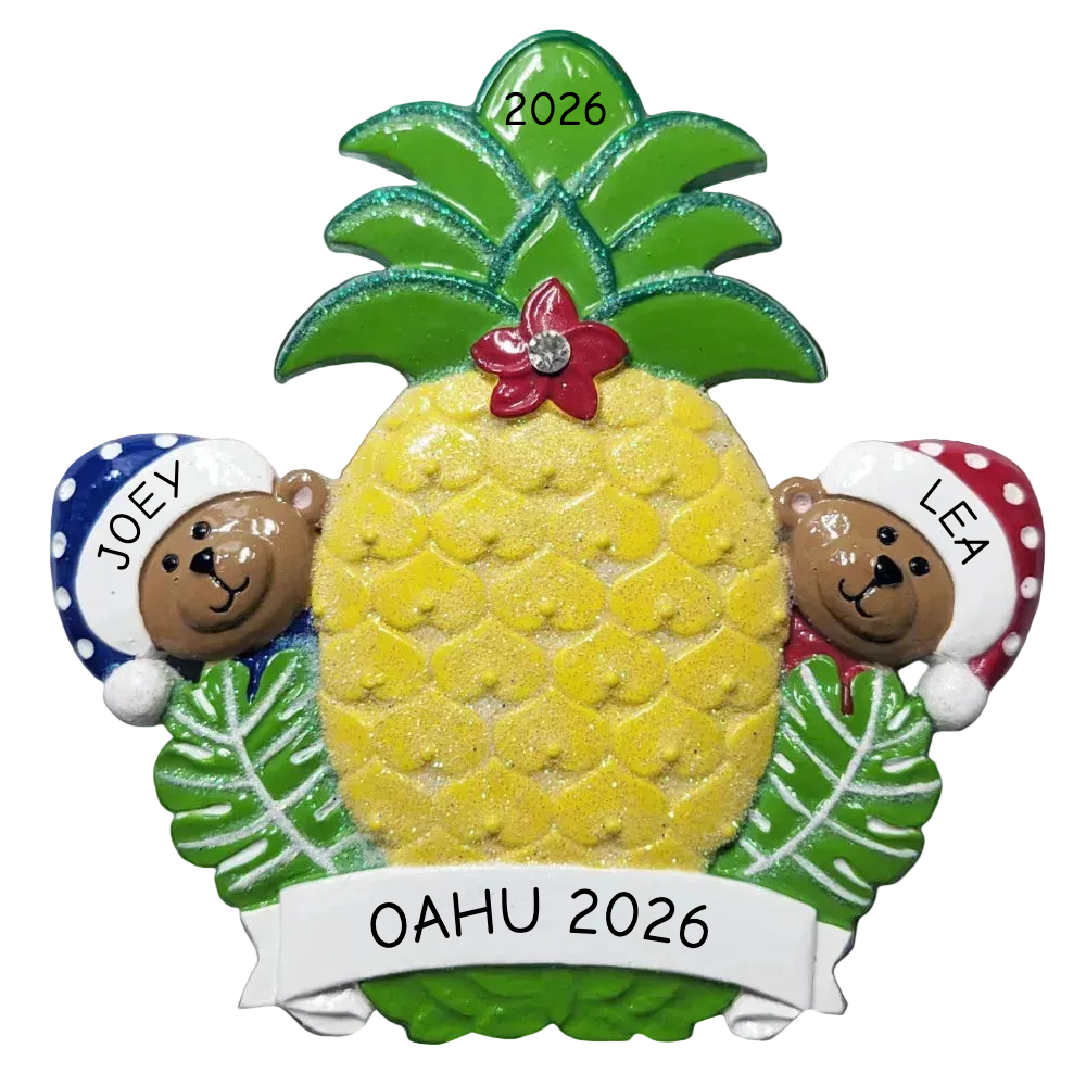 A decorative pineapple-shaped ornament or plaque with green leaves, a yellow textured center, a small red flower on top, and two cartoon bears peeking out from behind green leaves at the sides. A white banner at the bottom reads 'Oahu 2026,' and the top and side names '2026,' 'JOEY,' and 'LEA' are visible.