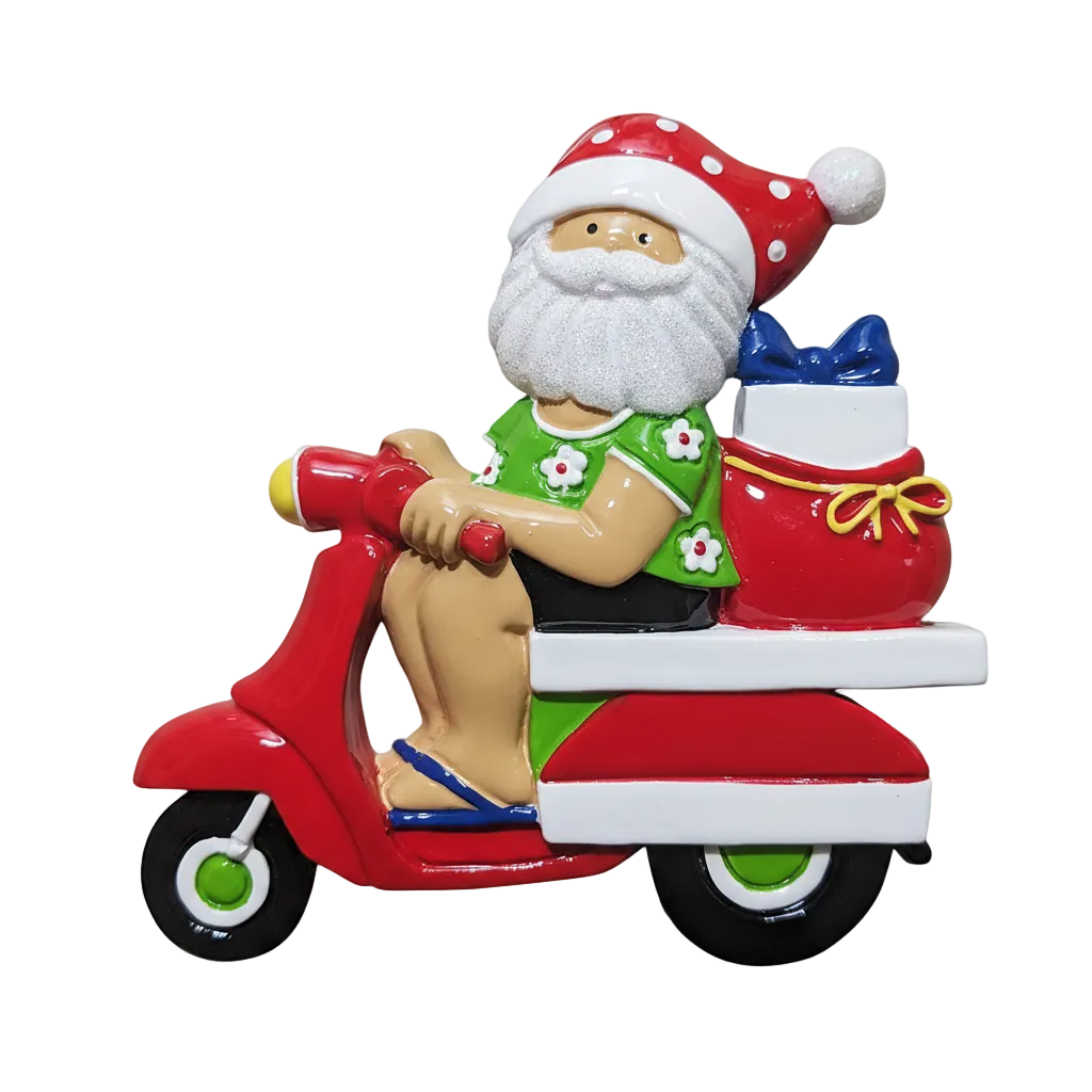 A festive Santa Claus figurine riding a red scooter while carrying a red gift bag with a blue bow and white box, set against a plain white background.