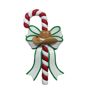 Decorative candy cane with a cowboy hat and boot on a white background
