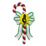 Decorative candy cane with a yellow kokopelli center and black logo on a white background