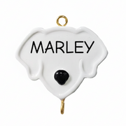 White dog-shaped ornament with 'MARLEY' text and black nose on a white background