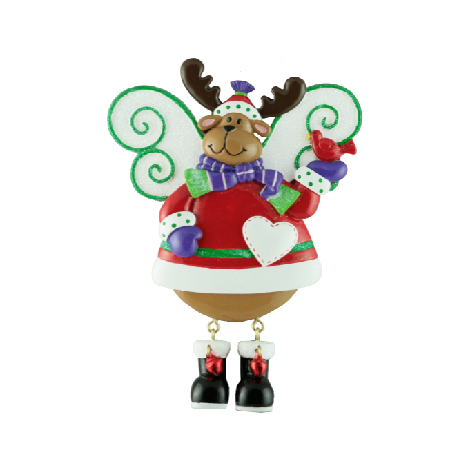 Decorative reindeer ornament with a red outfit, green antlers, and black boots on a white background.