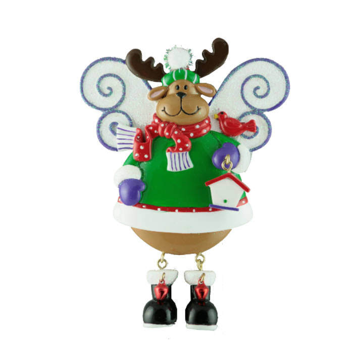 Decorative reindeer ornament with a green sweater, red scarf, and white boots on a white background