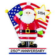 A festive Santa Claus figurine celebrating the USA 250th Anniversary, featuring a red and white striped background, an American flag, a yellow star with 'USA' written on it, and a base that reads '250th Anniversary'.