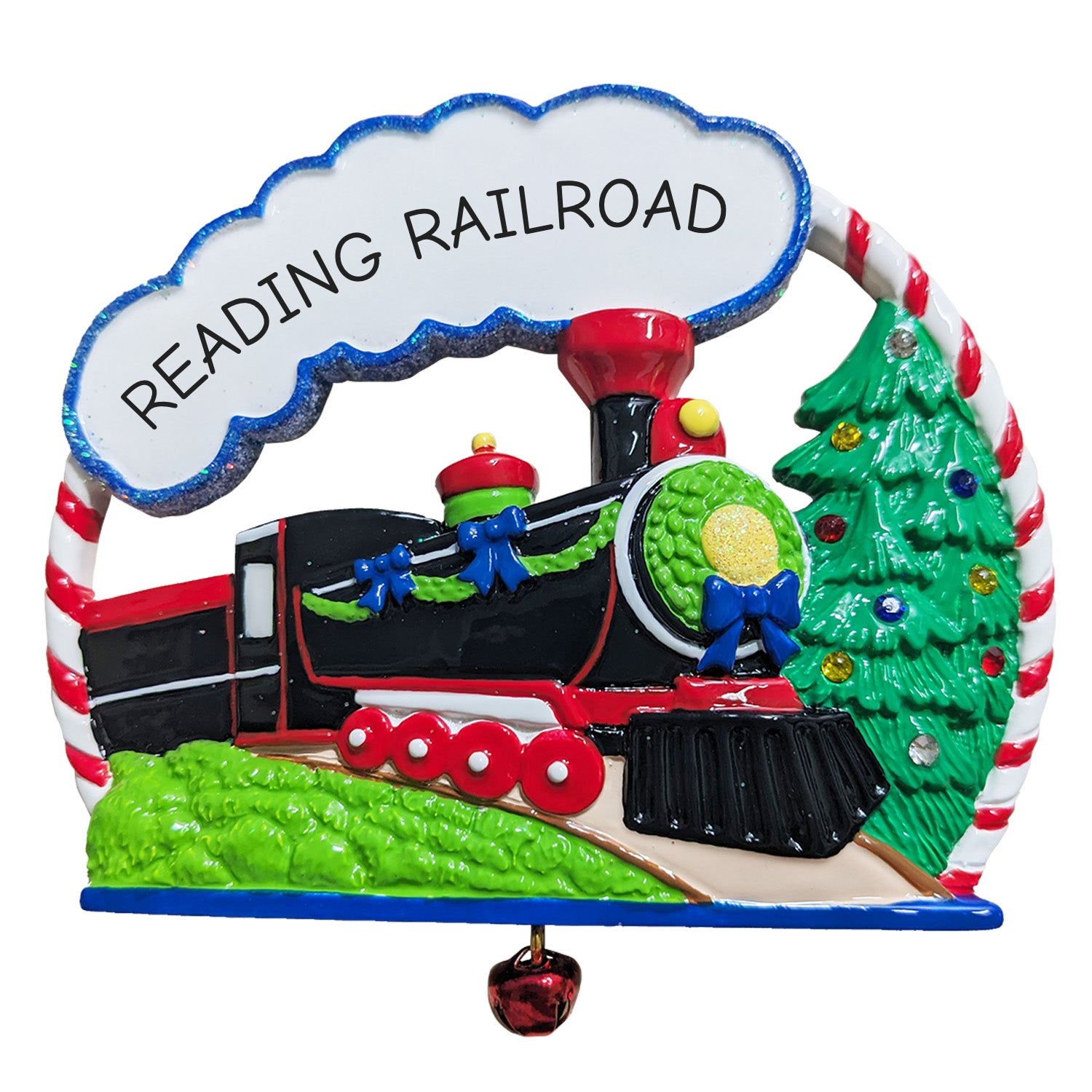 A Christmas-themed decorative sign featuring a black steam locomotive with red and green details, a green Christmas tree, candy cane arches, and a white cloud-shaped label reading “READING RAILROAD.”.