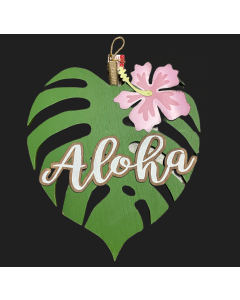 BOW153 ALOHA MONSTERA WD SIGN w/ROPE HANGER